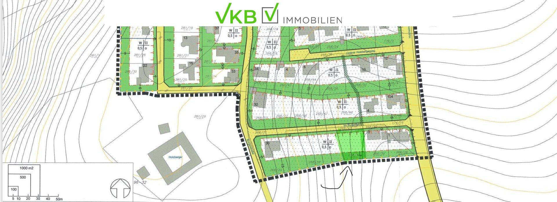 Detaillierter Bebauungsplan einer Wohnsiedlung mit Parzellen und Straßenführung.