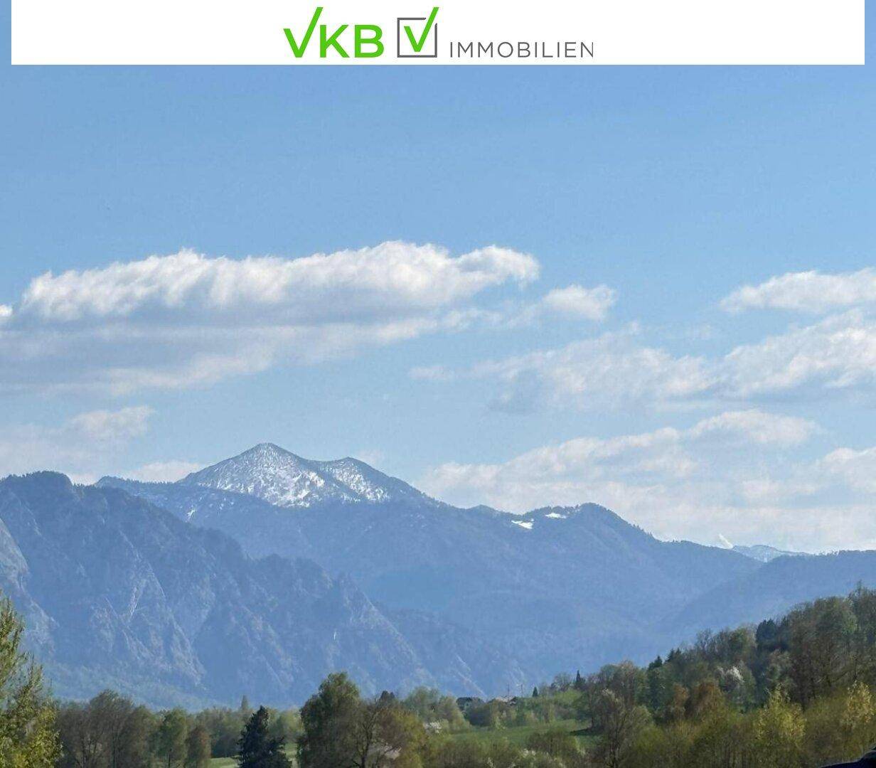 Panoramablick auf majestätische, schneebedeckte Berge über einer weiten grünen Landschaft.
