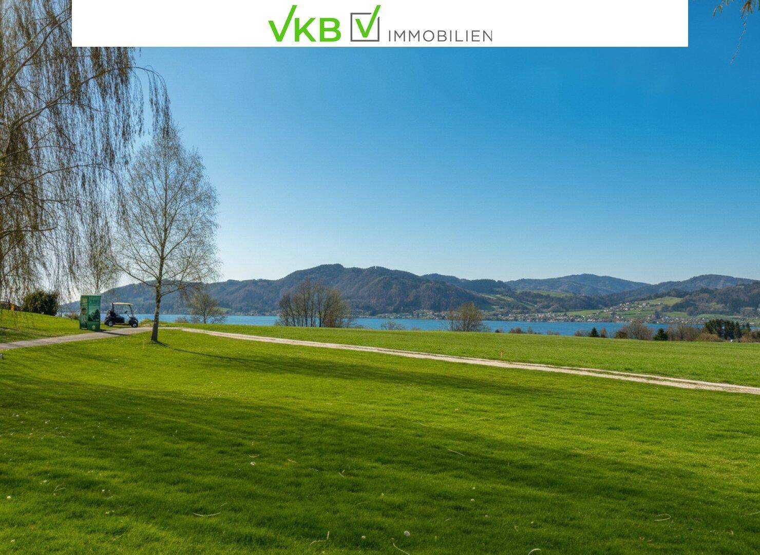 Weitläufige Grünfläche mit Blick auf einen See und Berge, ideal für Freizeitaktivitäten.