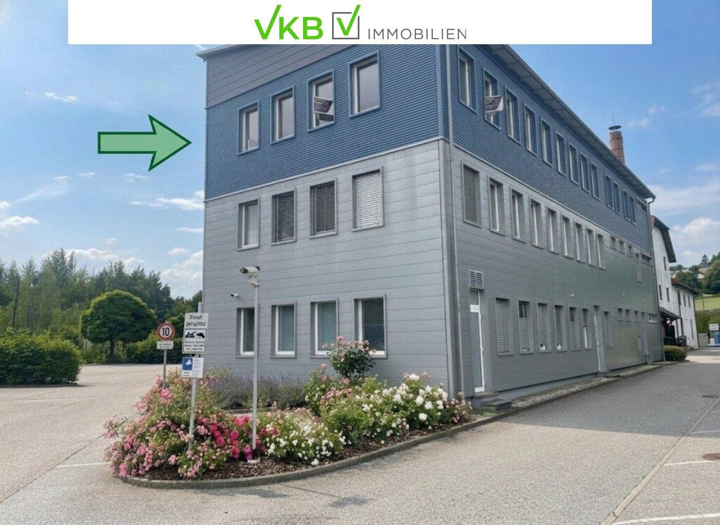 Seitenansicht eines modernen Bürogebäudes mit blauer und grauer Fassade und Parkplatz.