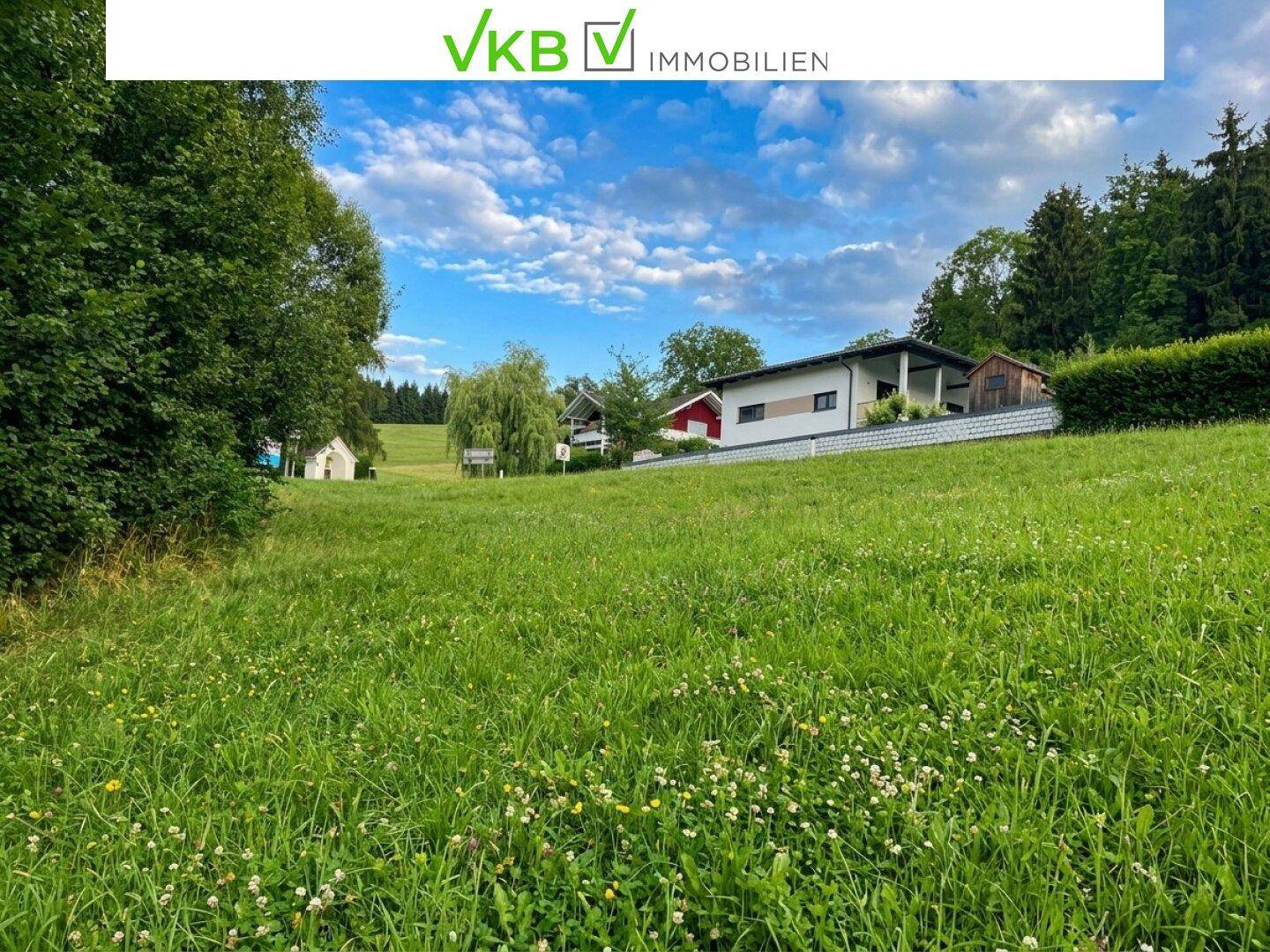 Weitläufige grüne Wiese mit einem Wohnhaus im Hintergrund unter blauem Himmel.