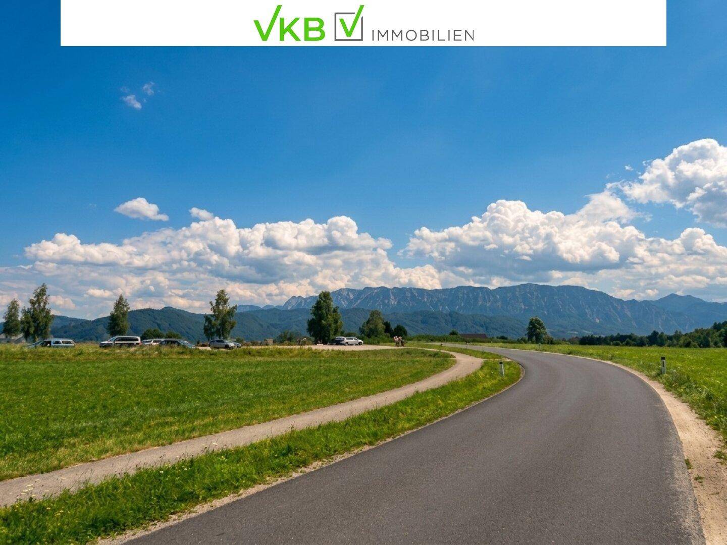 Geschwungene Landstraße durch weite grüne Felder mit beeindruckendem Bergpanorama im Hintergrund.