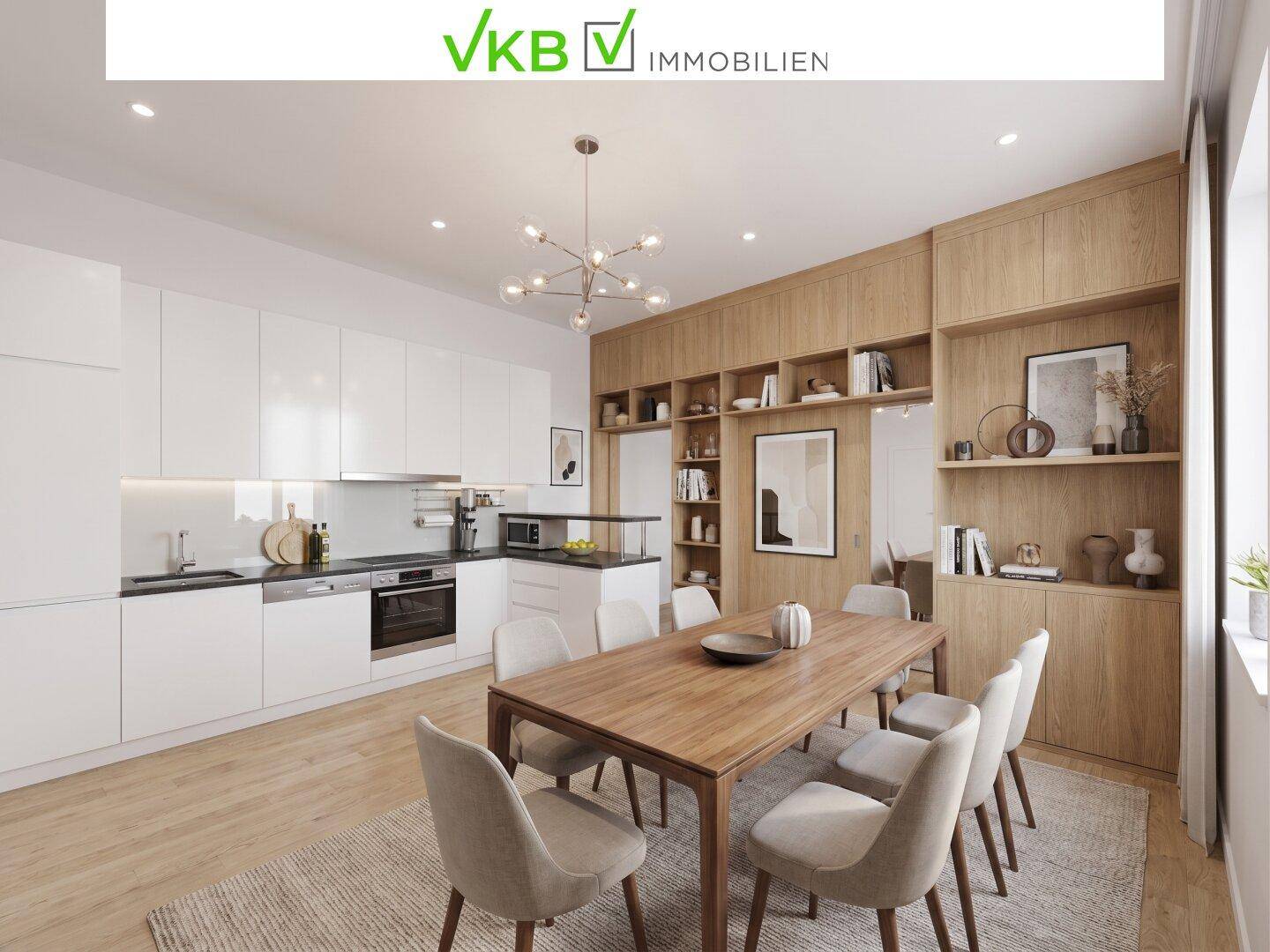 Moderne offene Küche mit weißen Hochglanzfronten, Holzelementen und Essbereich.