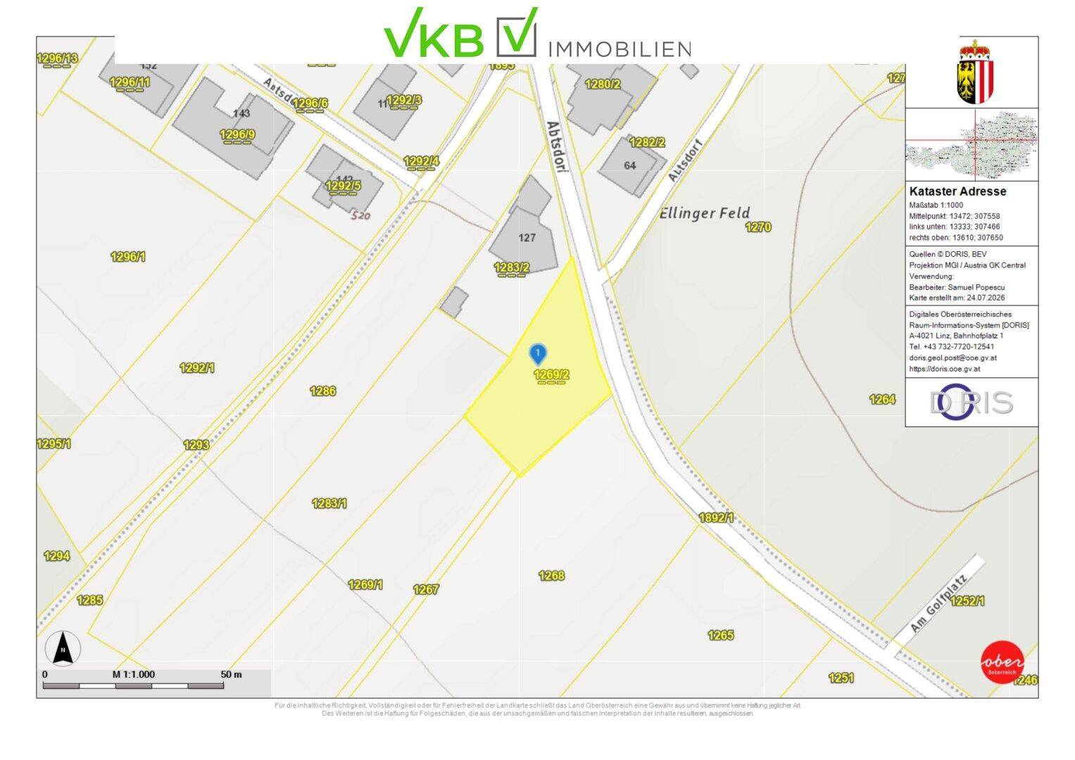 Katasterplan des Grundstücks mit umliegenden Straßen und Parzellen in ländlicher Umgebung.