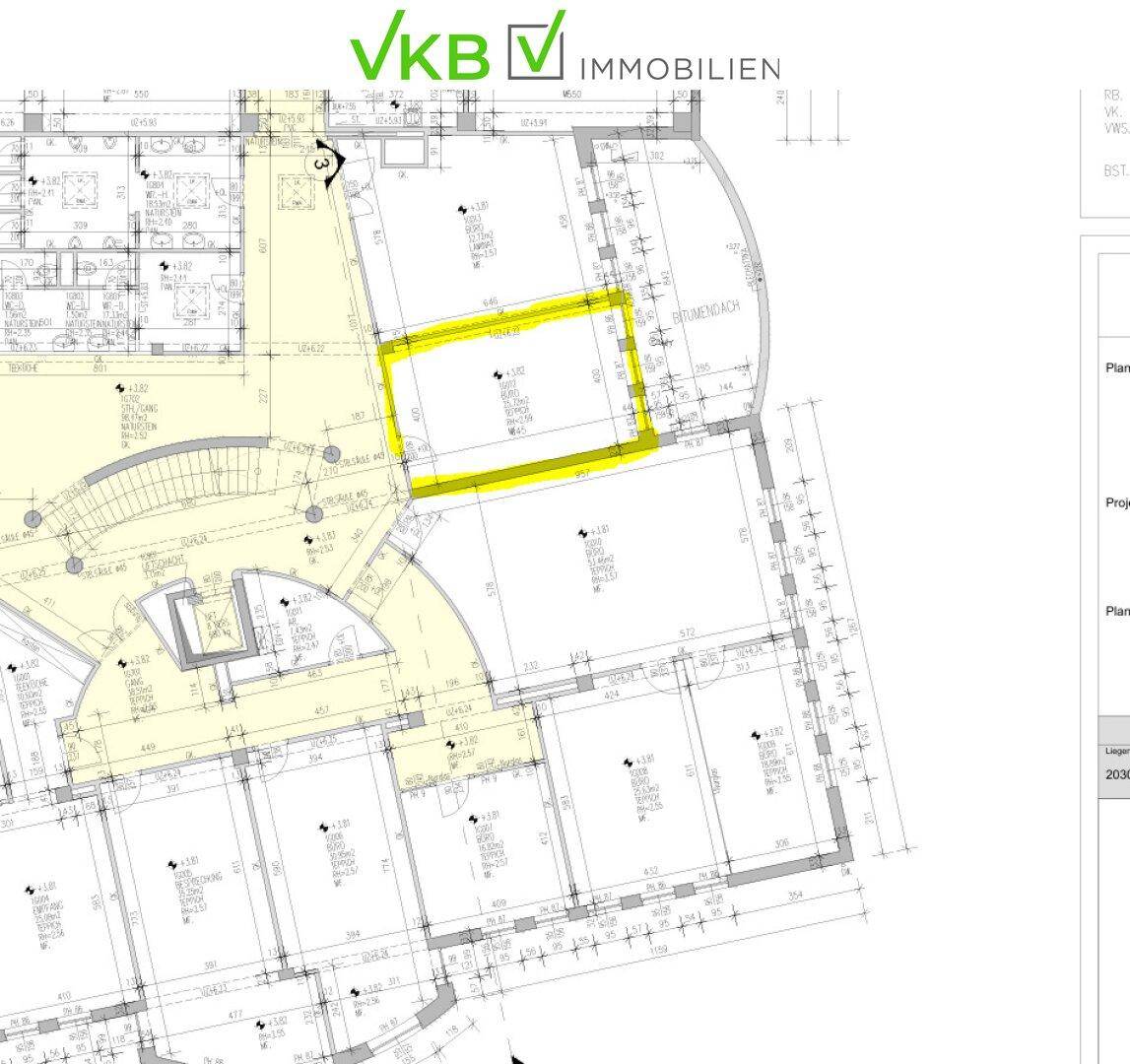 Detaillierter Grundriss eines Gebäudes mit einem gelb markierten Bereich zur besseren Orientierung.