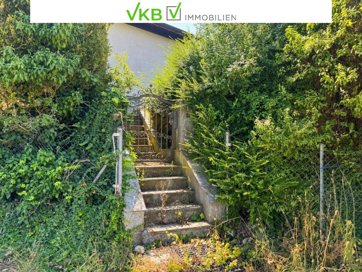 Überwachsene Steintreppe mit schmiedeeisernem Tor, führt durch dichte Vegetation nach oben.