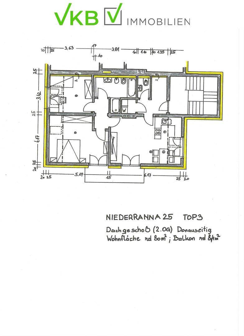 Grundriss der Dachgeschosswohnung Top 3 mit ca. 80m² Wohnfläche und Balkon.