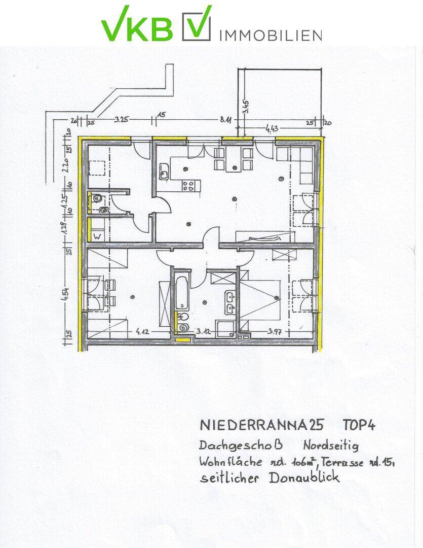 Grundriss des Dachgeschosses mit Wohnfläche von 106m² und seitlichem Donaublick.