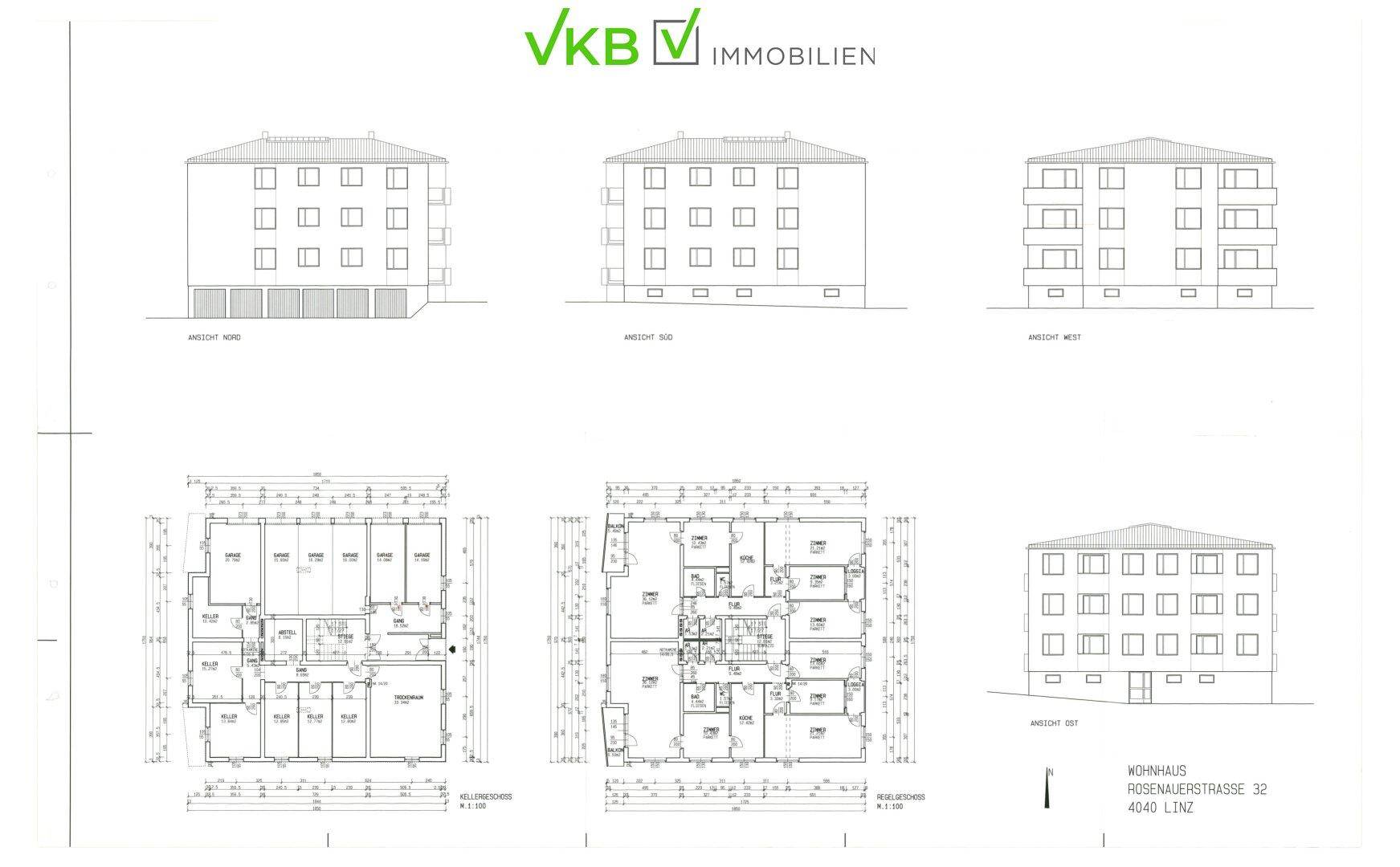 Architektonische Zeichnungen und Grundrisse eines Wohnhauses mit verschiedenen Ansichten.