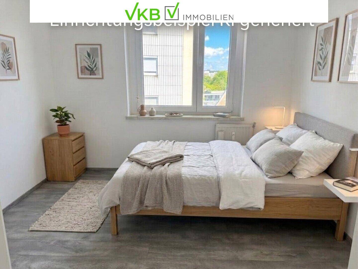 Gemütliches Schlafzimmer mit modernem Bett, Nachttischen und grauem Laminatboden.