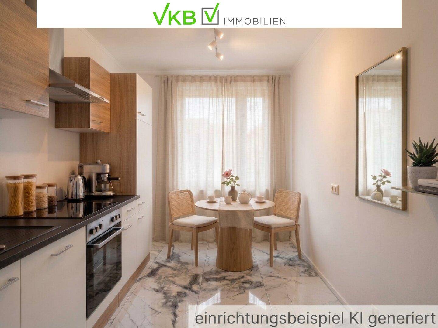 Modern eingerichtete Küche mit Essbereich, ausgestattet mit neuen Geräten und hellem Fliesenboden.