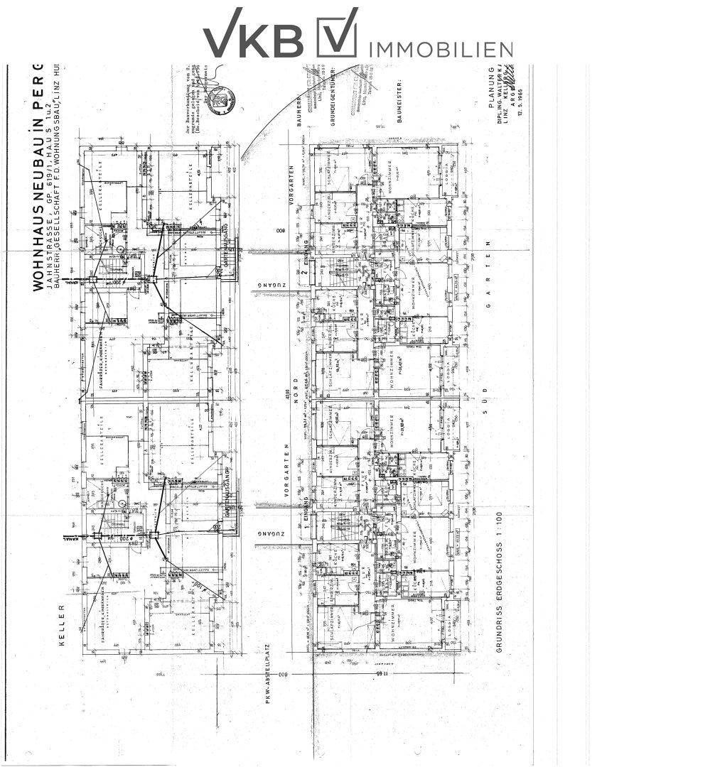 Grundrissplan des Kellers und Erdgeschosses eines Neubaus mit Zugang zu Garten und Terrasse.