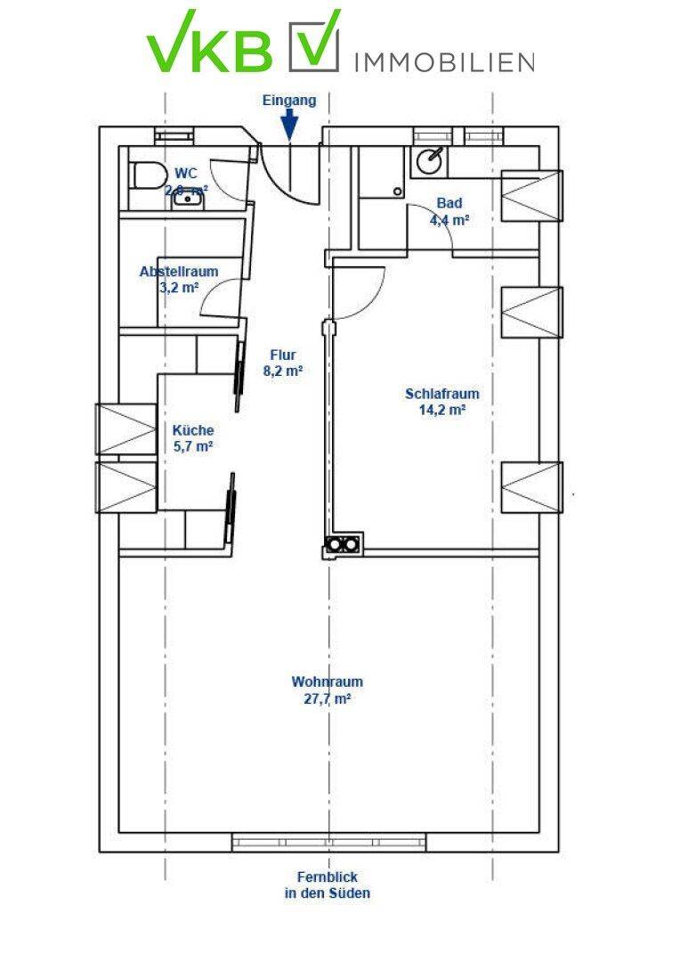 Grundriss des Erdgeschosses mit Wohnraum, Schlafzimmer, Küche und Bad.