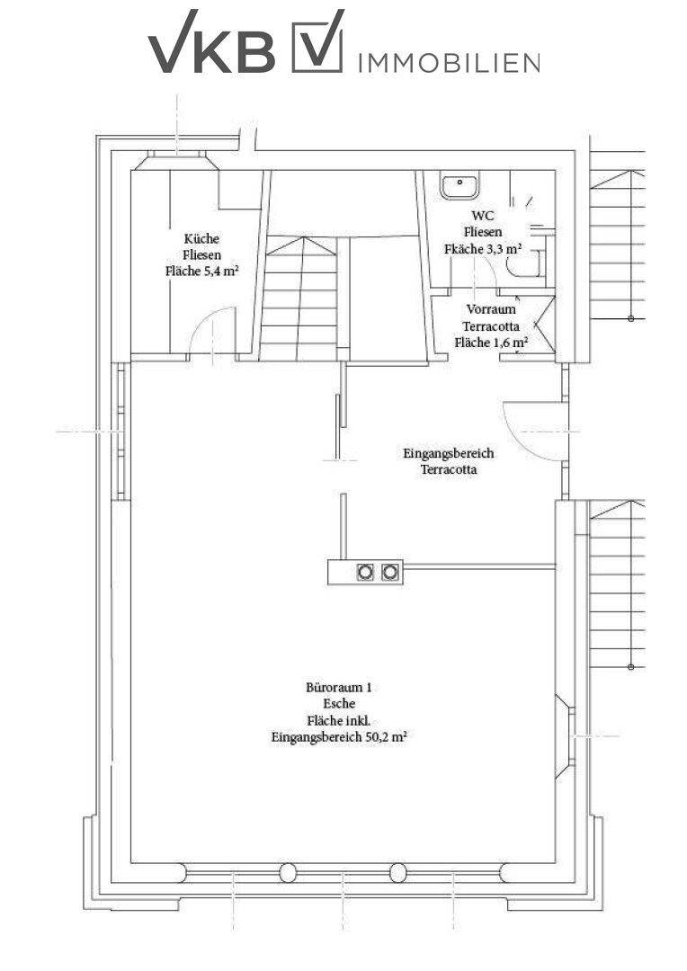 Grundriss des Untergeschosses mit Büroraum, Küche und Eingangsbereich.