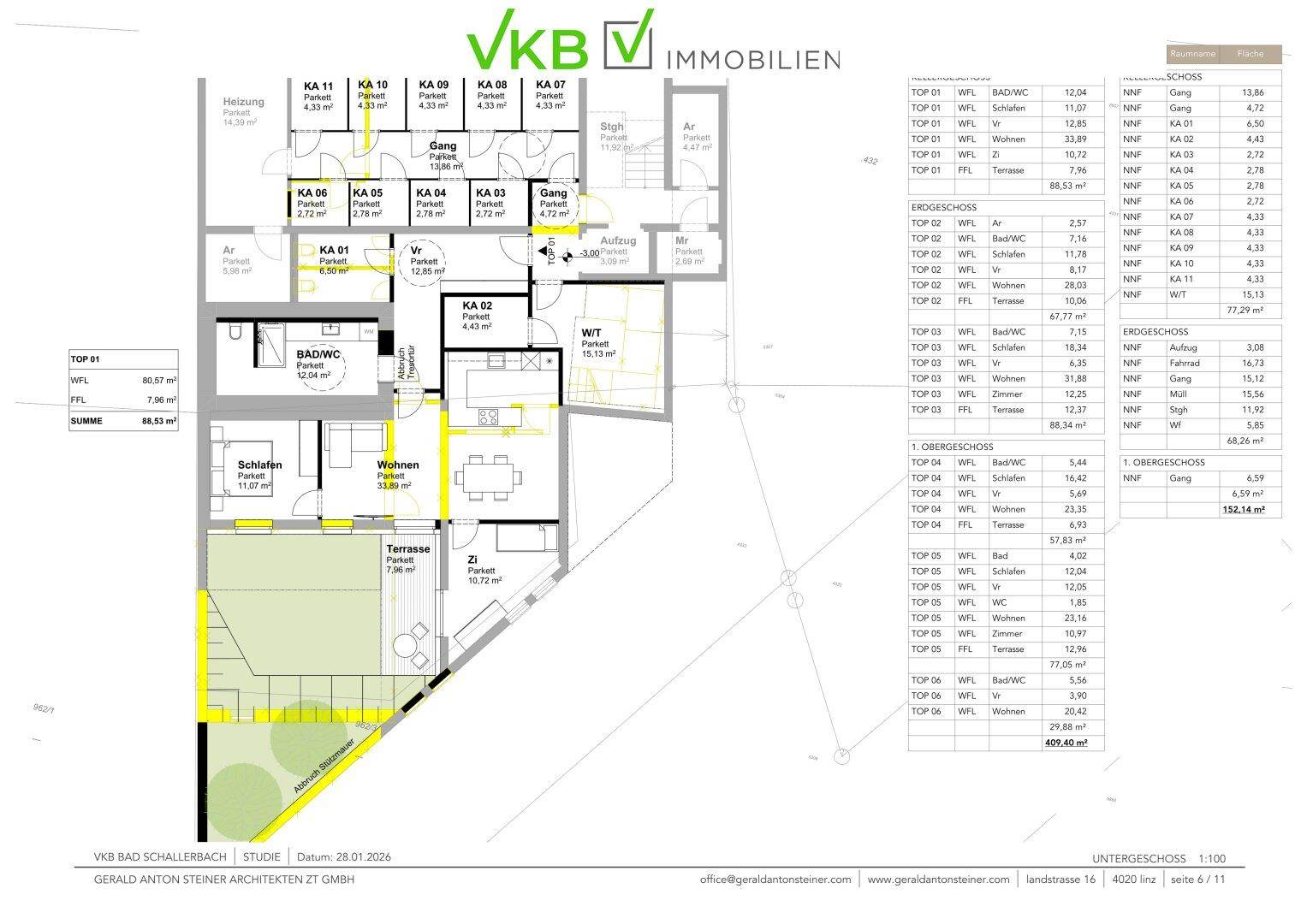 Grundriss des Erdgeschosses mit Wohnungen, Terrassen und Außenbereichen.