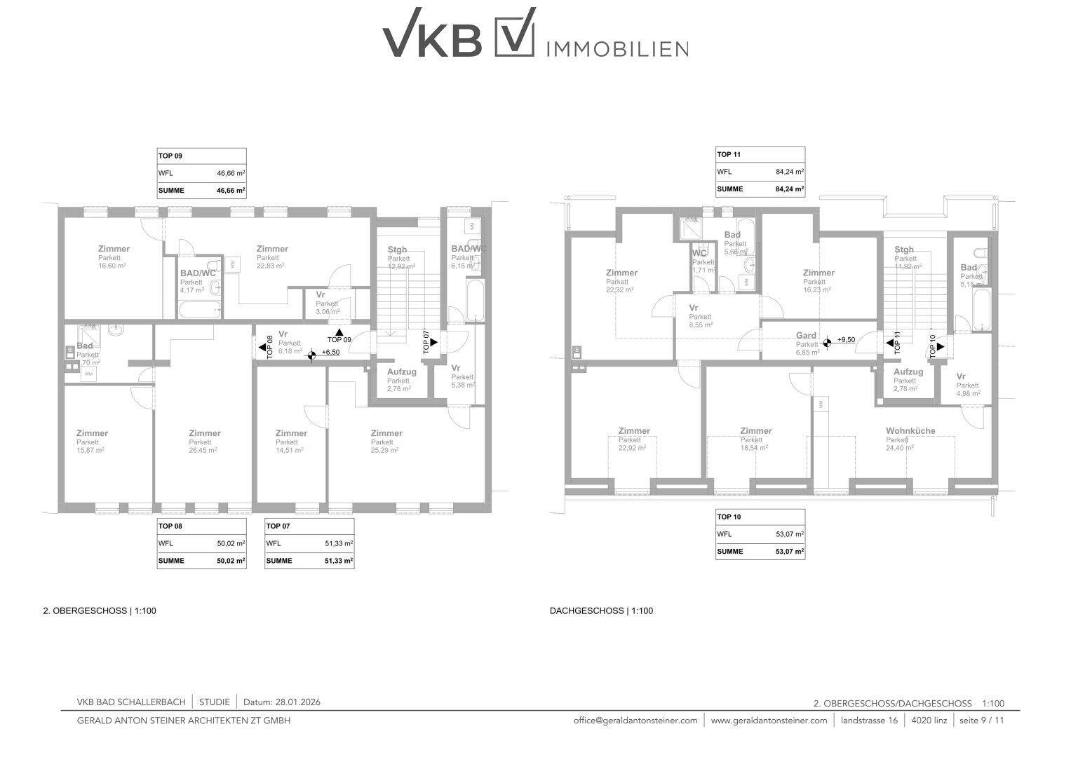 Grundrisse des 2. Obergeschosses und Dachgeschosses mit mehreren Zimmern und Bädern.