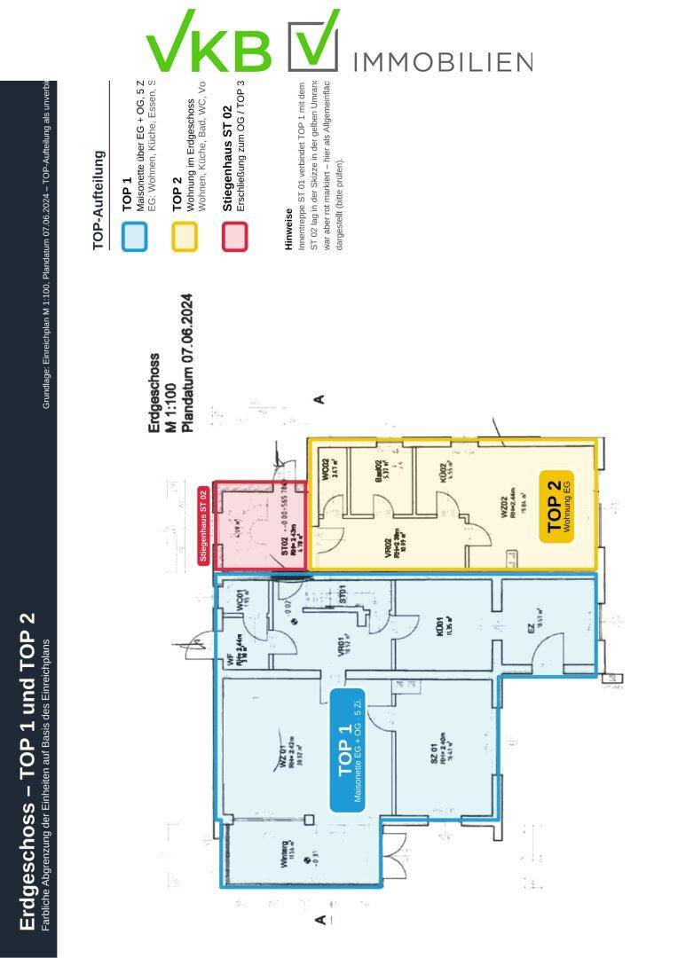 Grundriss des Erdgeschosses mit zwei Wohneinheiten, darunter eine Maisonette, zeigt offene Wohnbereiche und Sanitärräume.