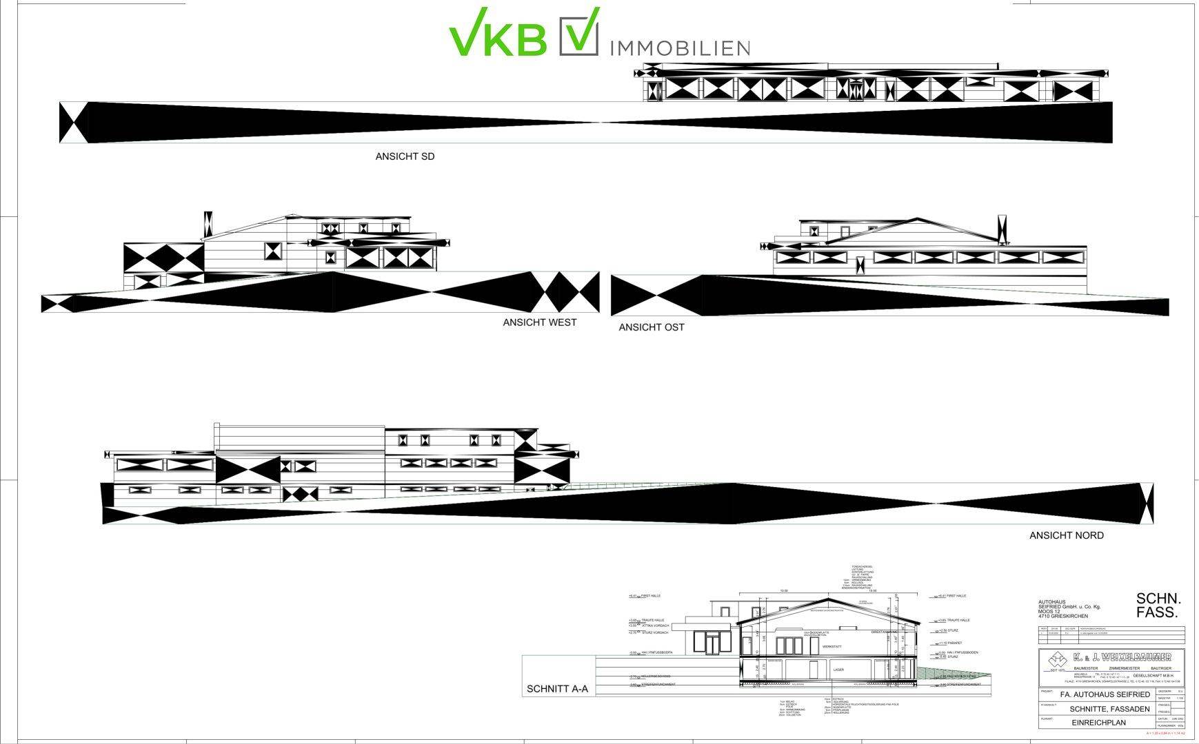 Architektonische Ansichten des Gebäudes von verschiedenen Seiten und ein Schnittplan zur Übersicht.