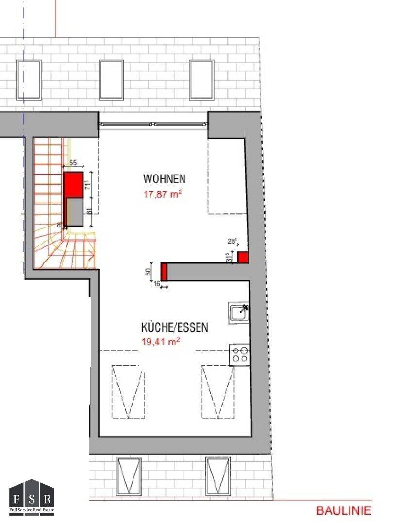 Grundriss der oberen Ebene mit Wohnbereich, Küche/Esszimmer und Treppenaufgang.