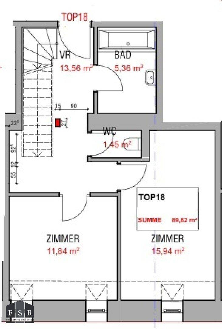 Grundriss des oberen Geschosses mit zwei Zimmern, Bad und separatem WC.