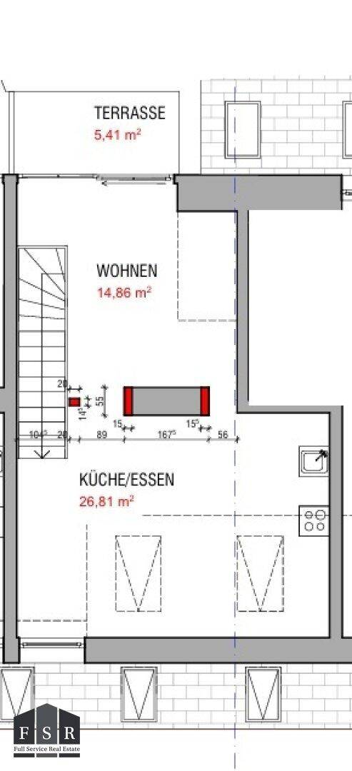 Grundriss des unteren Geschosses mit offenem Wohn-Essbereich, Küche und Terrasse.