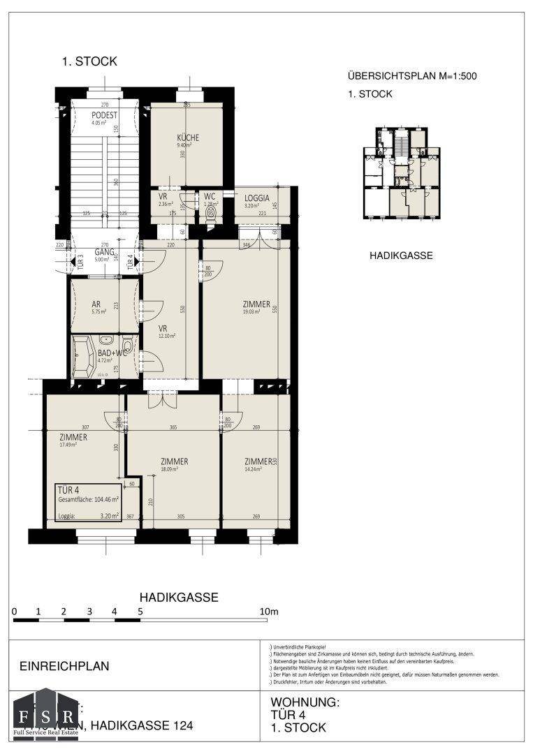 Grundriss der Wohnung im 1. Stock mit mehreren Zimmern, Küche und Loggia.