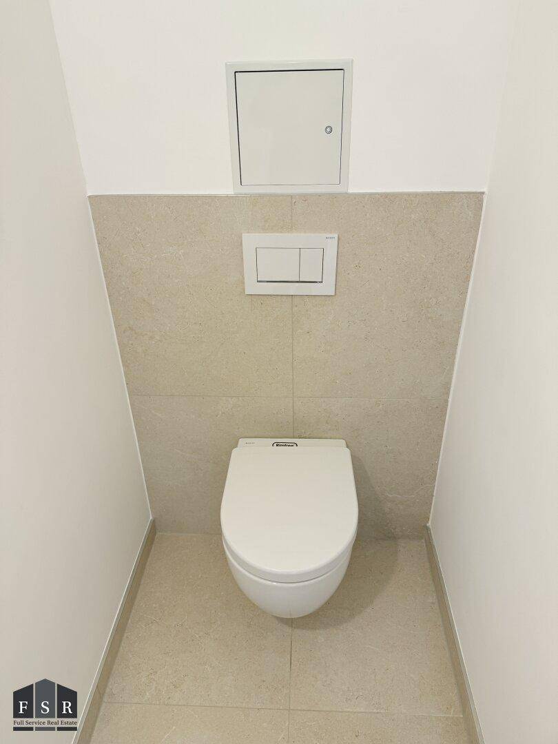 Separates WC mit Wand-WC und modernen Fliesen an den Wänden.