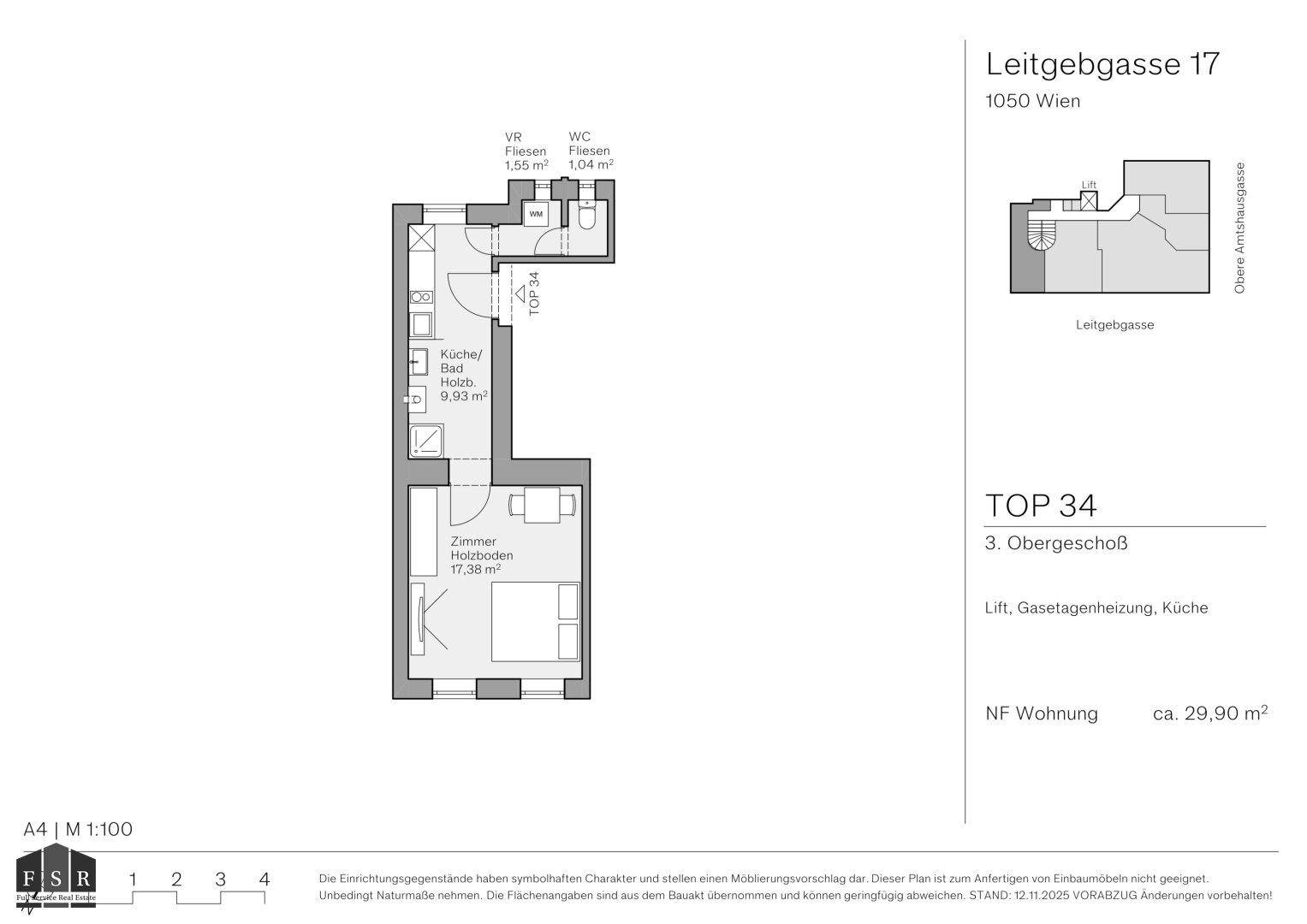 Detaillierter Grundriss einer Wohnung mit Küche, Bad und Schlafzimmer, inklusive Balkon.