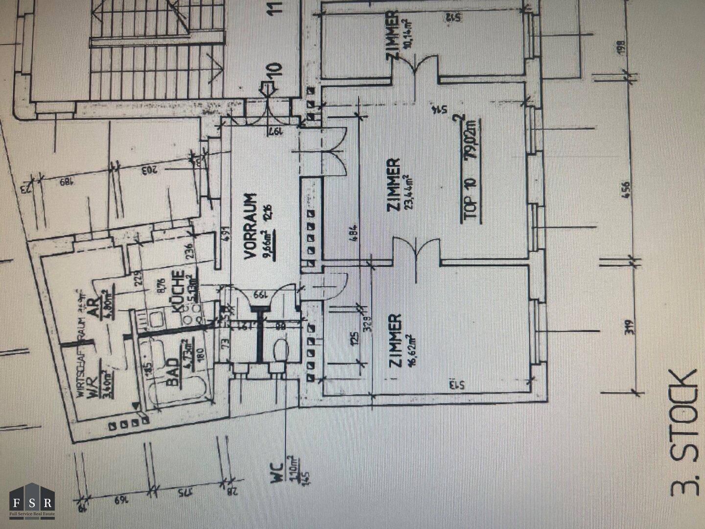 Grundriss des 3. Stocks mit mehreren Zimmern, Bad, WC und Vorraum, Gesamtfläche 79,02 m².