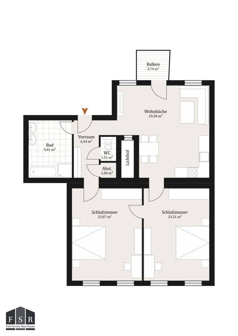 Grundrissplan einer Wohnung mit zwei Schlafzimmern, offener Wohnküche, Bad, separatem WC und Balkon.