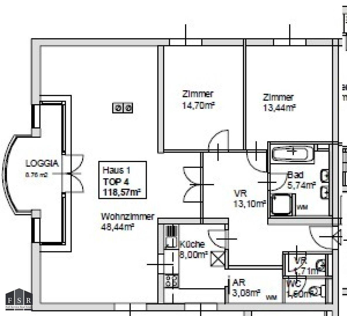 Grundriss der Wohnung "TOP 4" mit Loggia, Wohnzimmer, Küche und zwei Zimmern.
