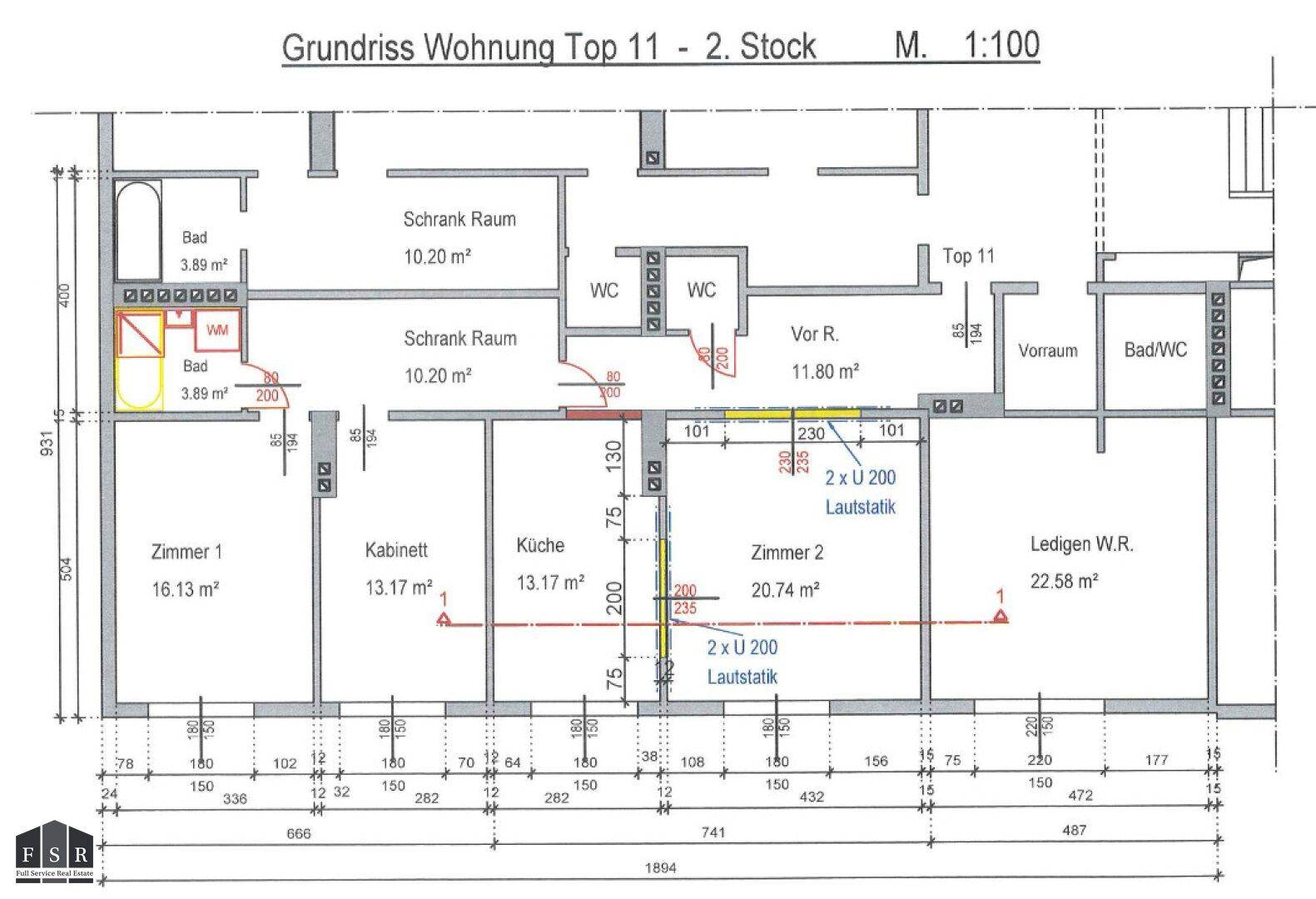 Grundriss der Wohnung Top 11 im 2. Stock mit mehreren Zimmern und Bädern.