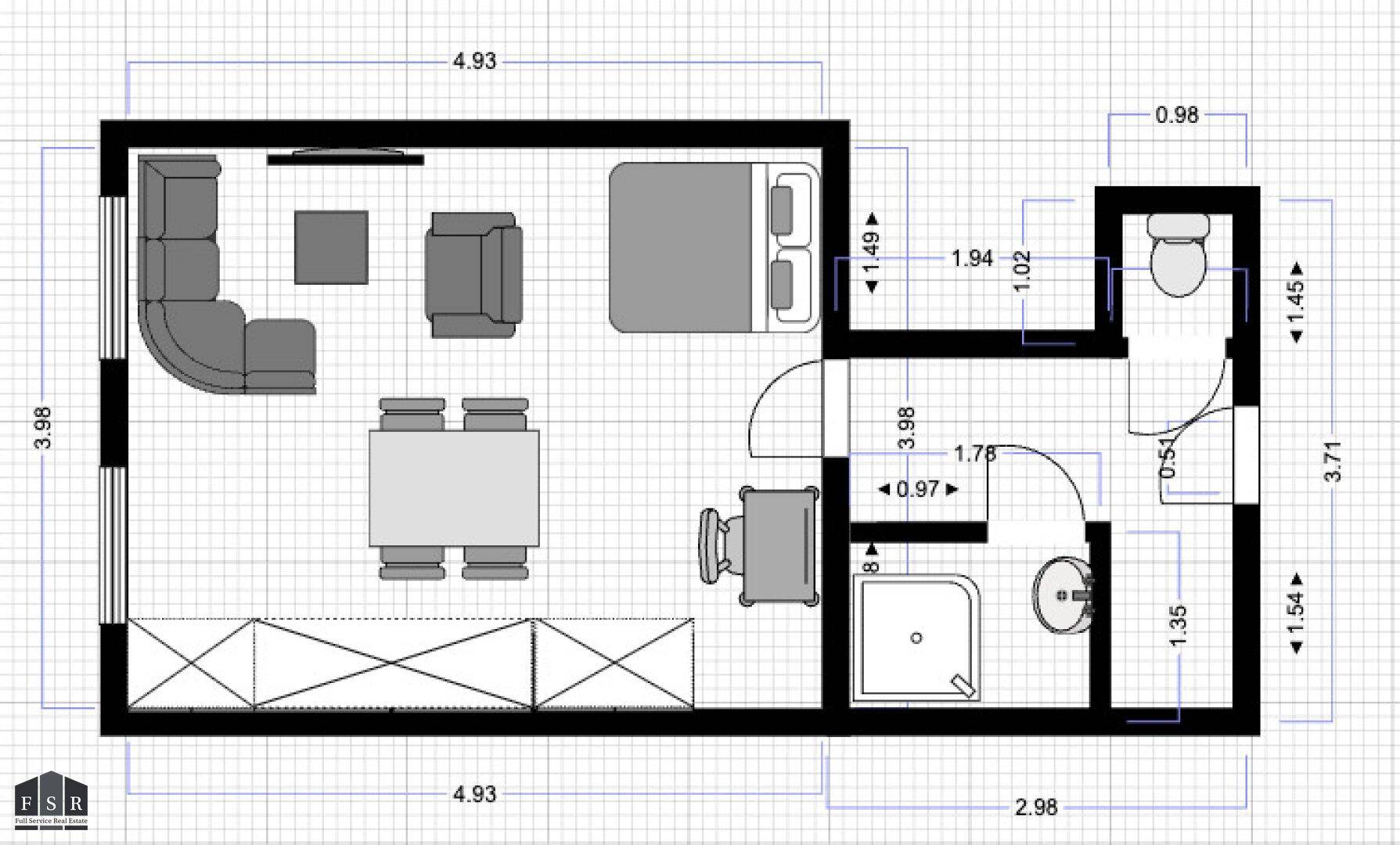 Grundriss einer Wohnung mit offenem Wohn-, Ess- und Schlafbereich, separatem Schlafzimmer, Bad und WC.