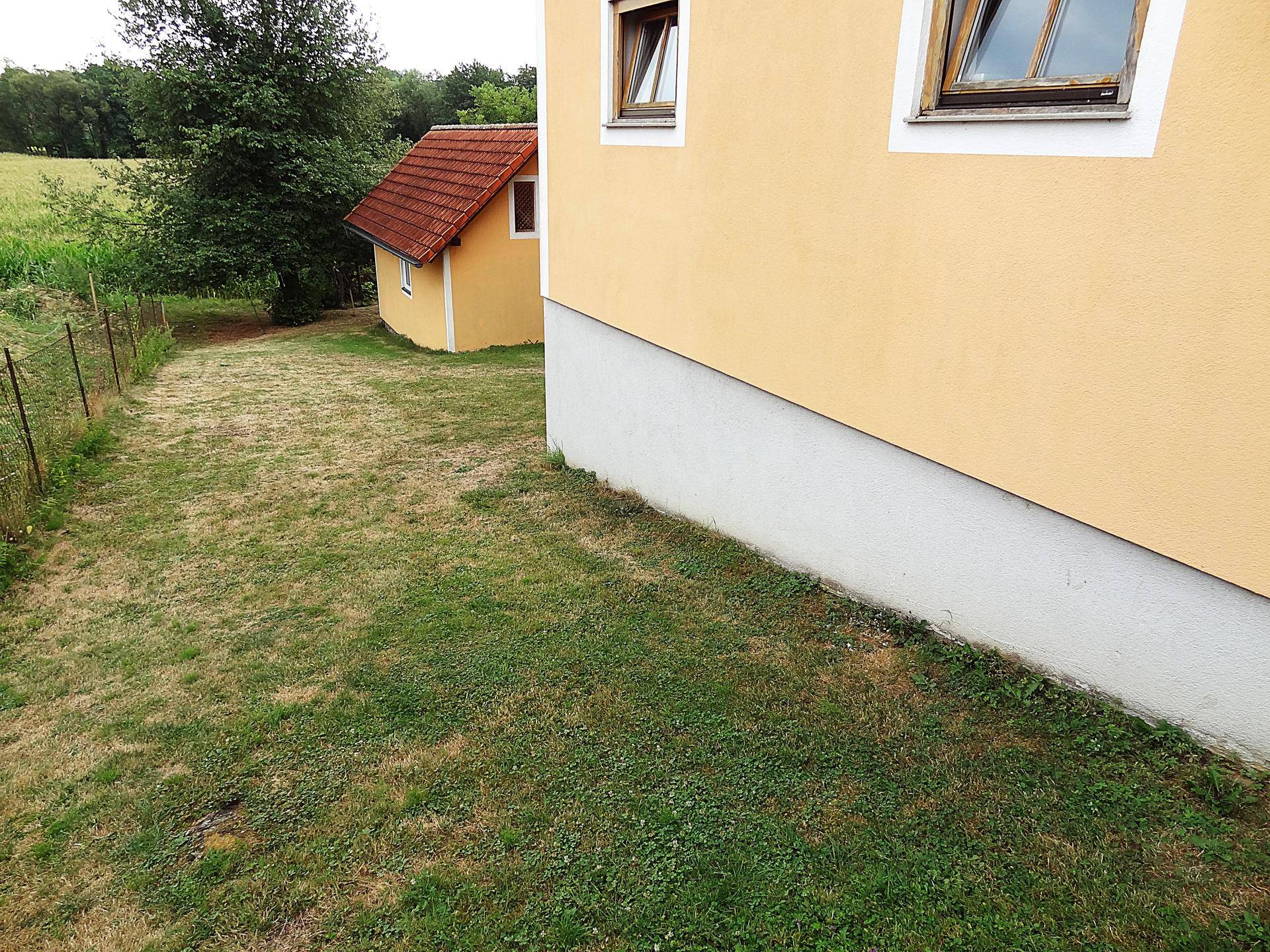 Rasenfläche neben dem Haus mit Blick auf ein weiteres Gebäude in der Ferne.