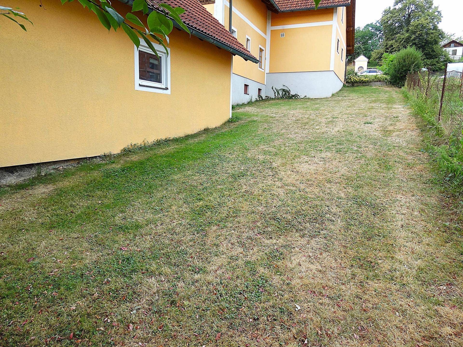 Seitenansicht des Hauses mit Rasenfläche und Zugang zum hinteren Bereich.