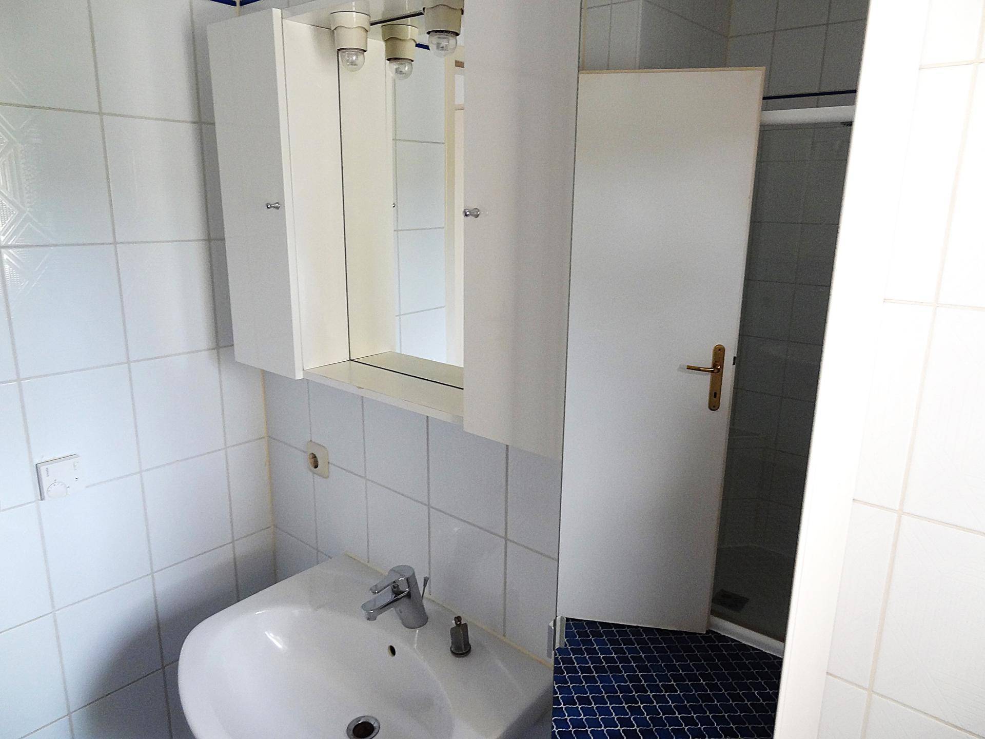 Badezimmer mit Waschbecken, Spiegelschrank, weißen Fliesen und blauer Bodenfliese, inklusive Duschbereich.