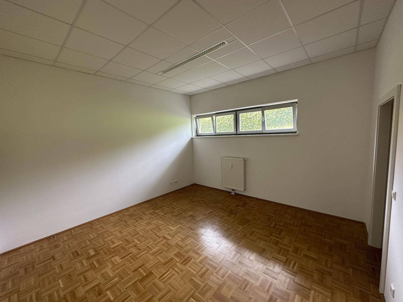 Heller, leerer Raum mit Parkettboden und einem breiten Fensterband.