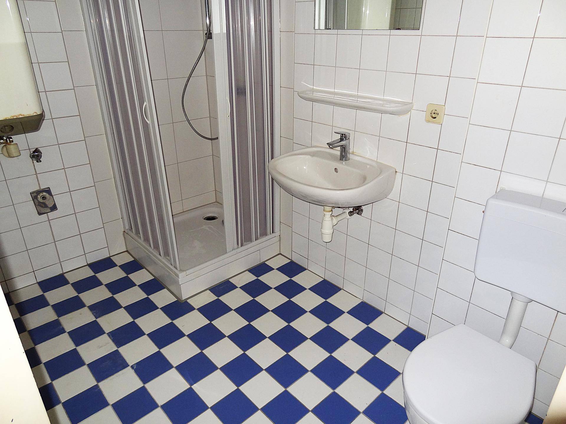 Badezimmer mit blau-weiß karierten Fliesen, Duschkabine, Waschbecken und Toilette.