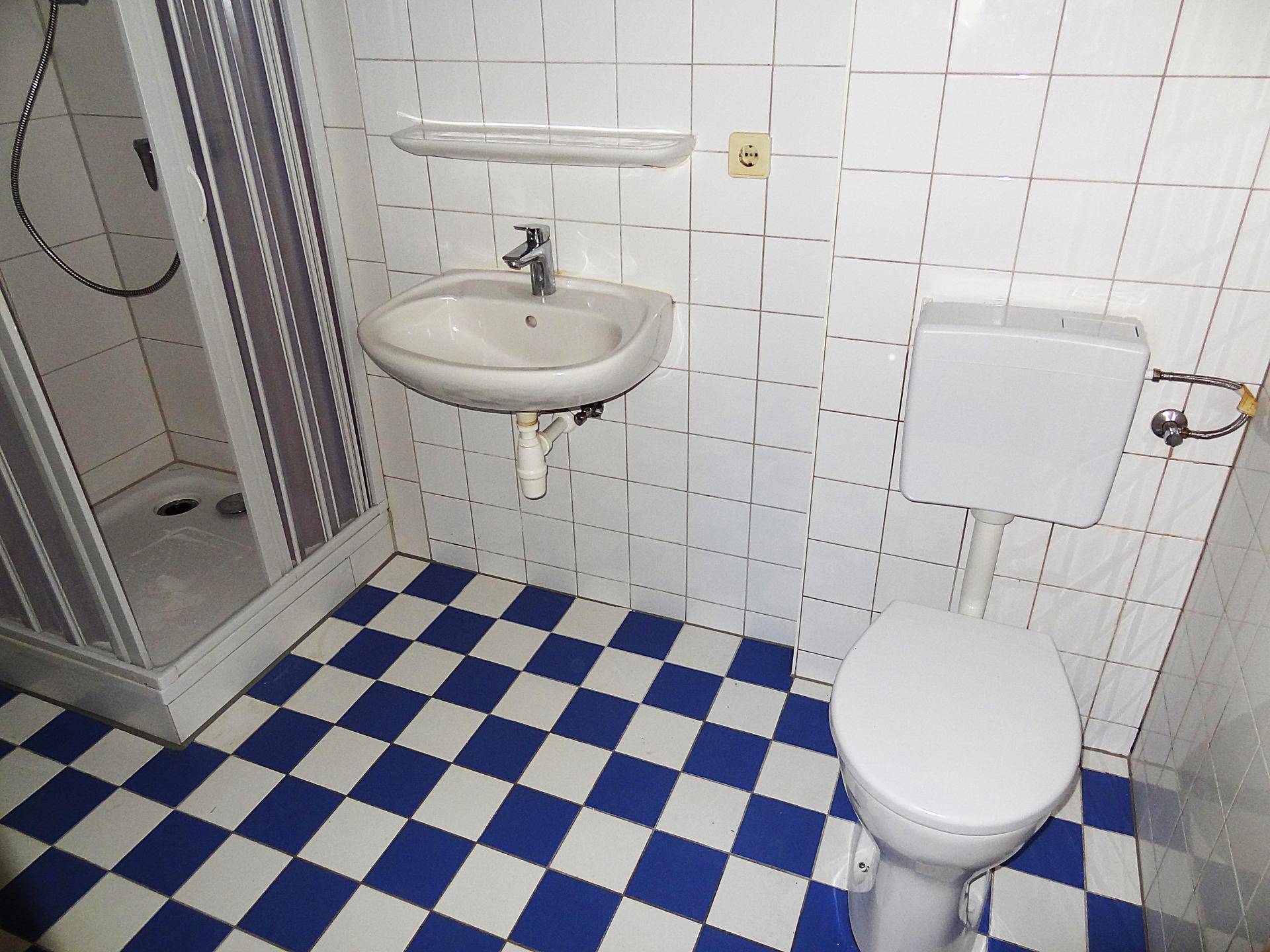 Badezimmeransicht mit Waschbecken, Toilette und den charakteristischen blau-weißen Bodenfliesen.
