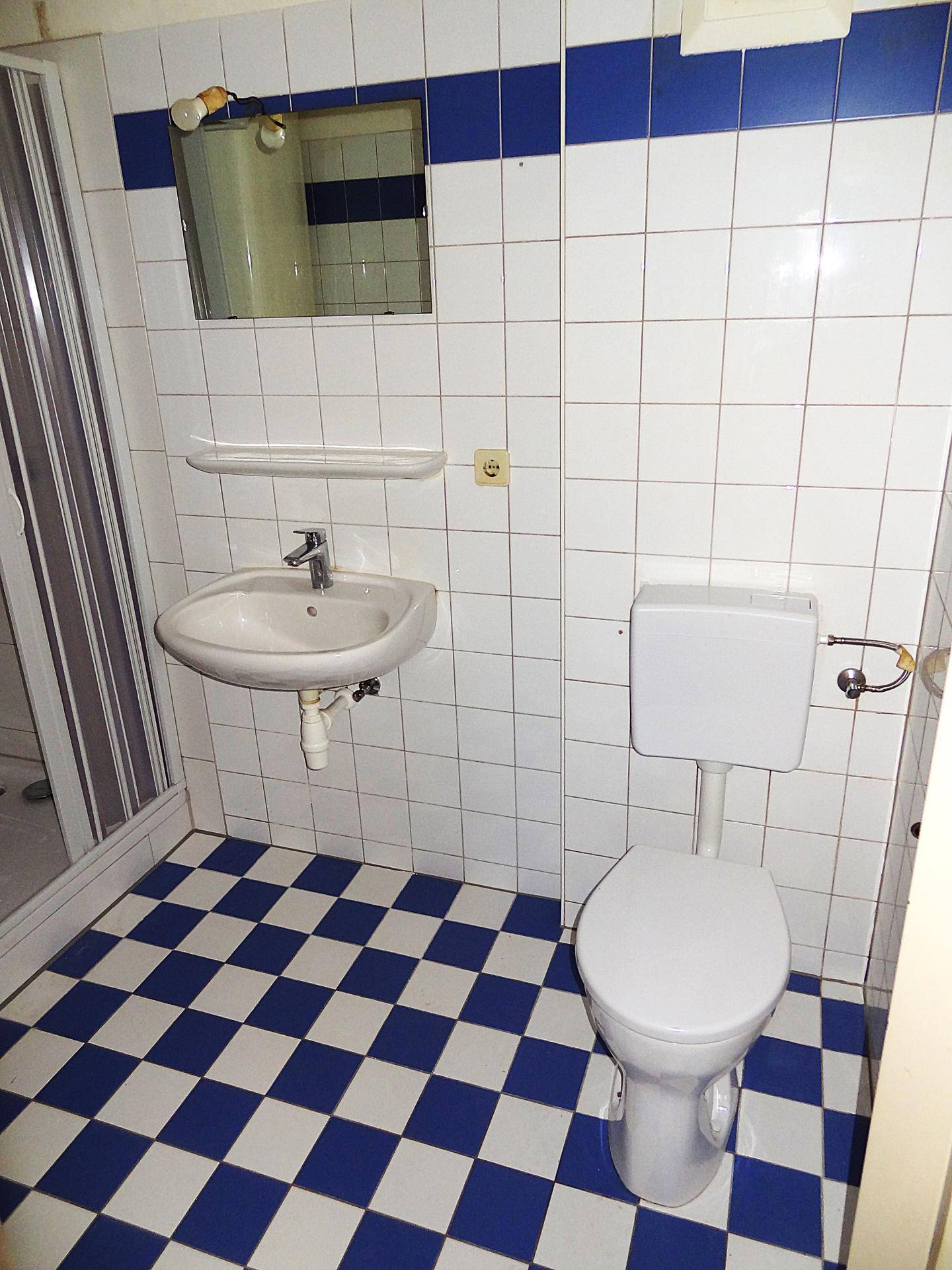 Badezimmer mit Waschbecken, Toilette und Duschkabine, gekennzeichnet durch blau-weiße Fliesen.