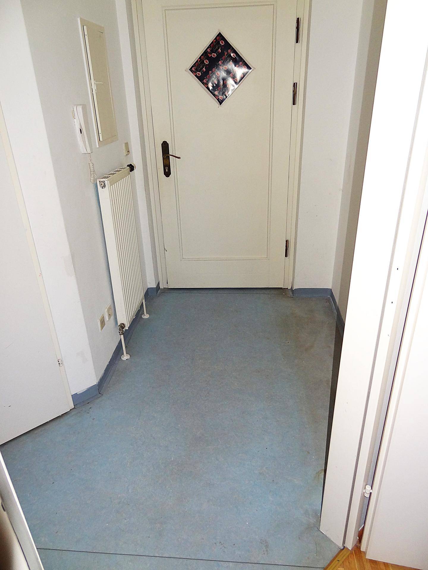 Eingangsbereich mit blauer Bodenfläche, Heizkörper und einer weißen Tür mit dekorativem Fenster.