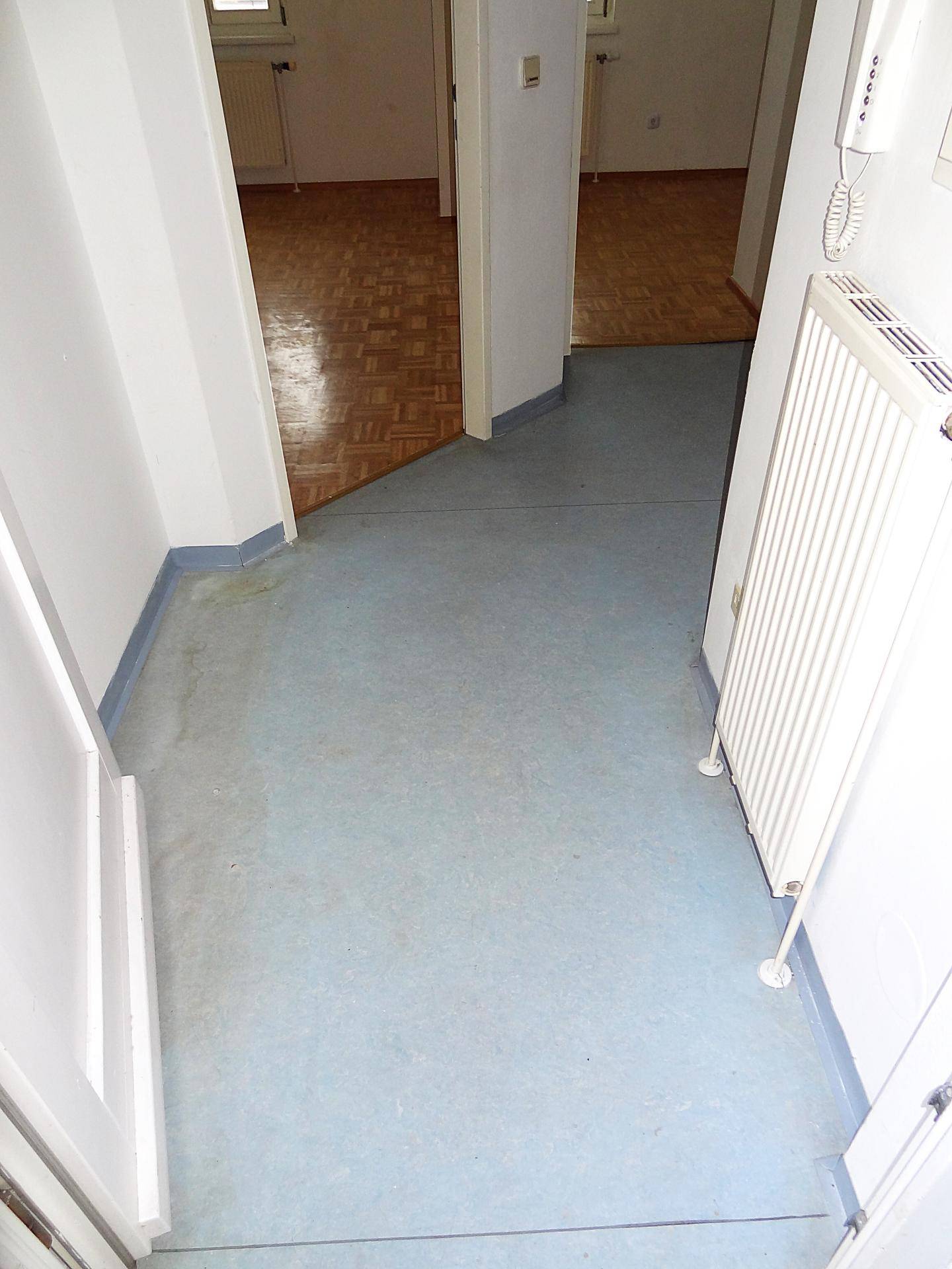 Geräumiger Flur mit blauem Bodenbelag und Übergang zu Räumen mit Holzparkett.