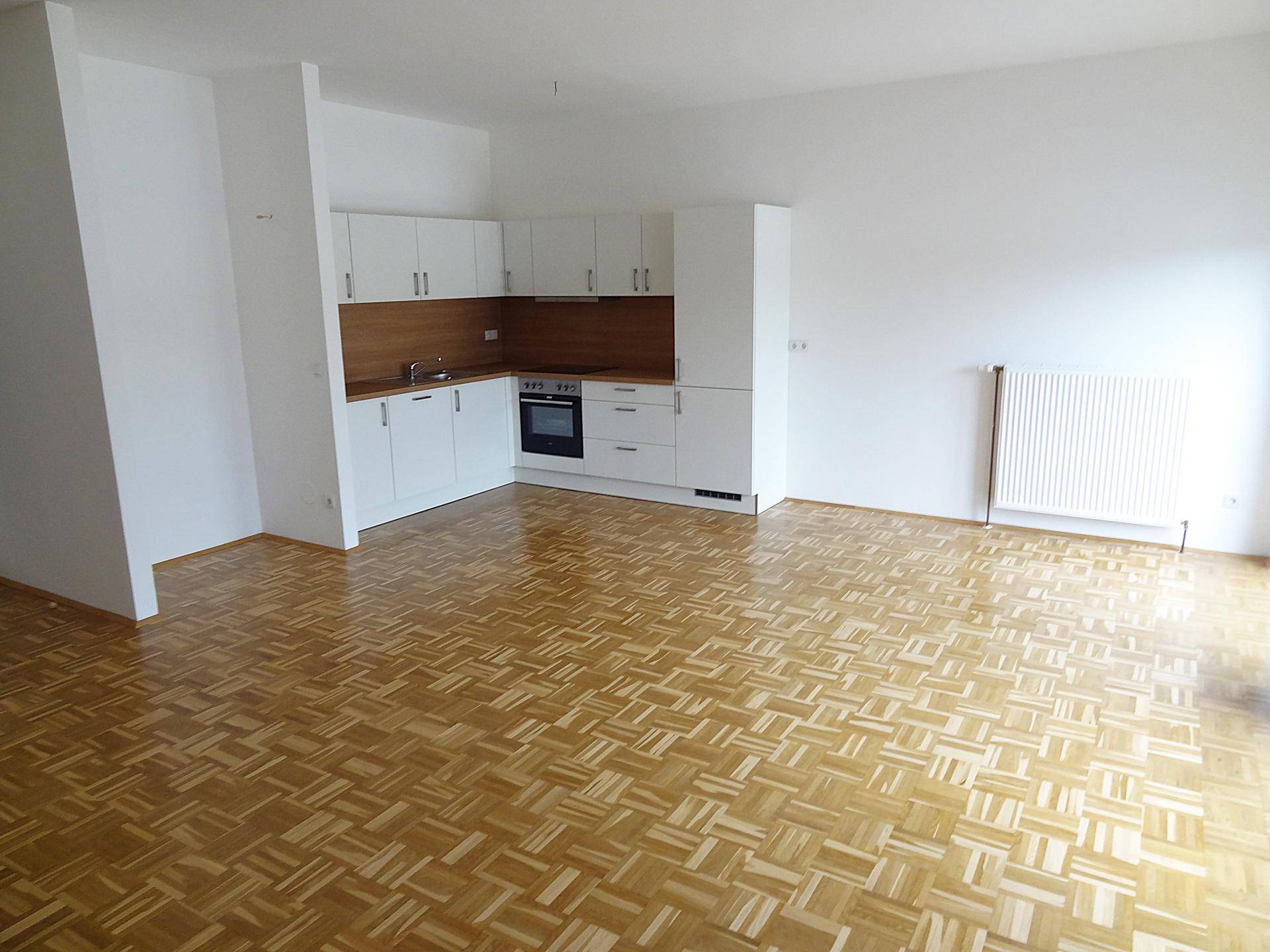 Geräumiger offener Wohnbereich mit integrierter Küche und hellem Parkettboden.