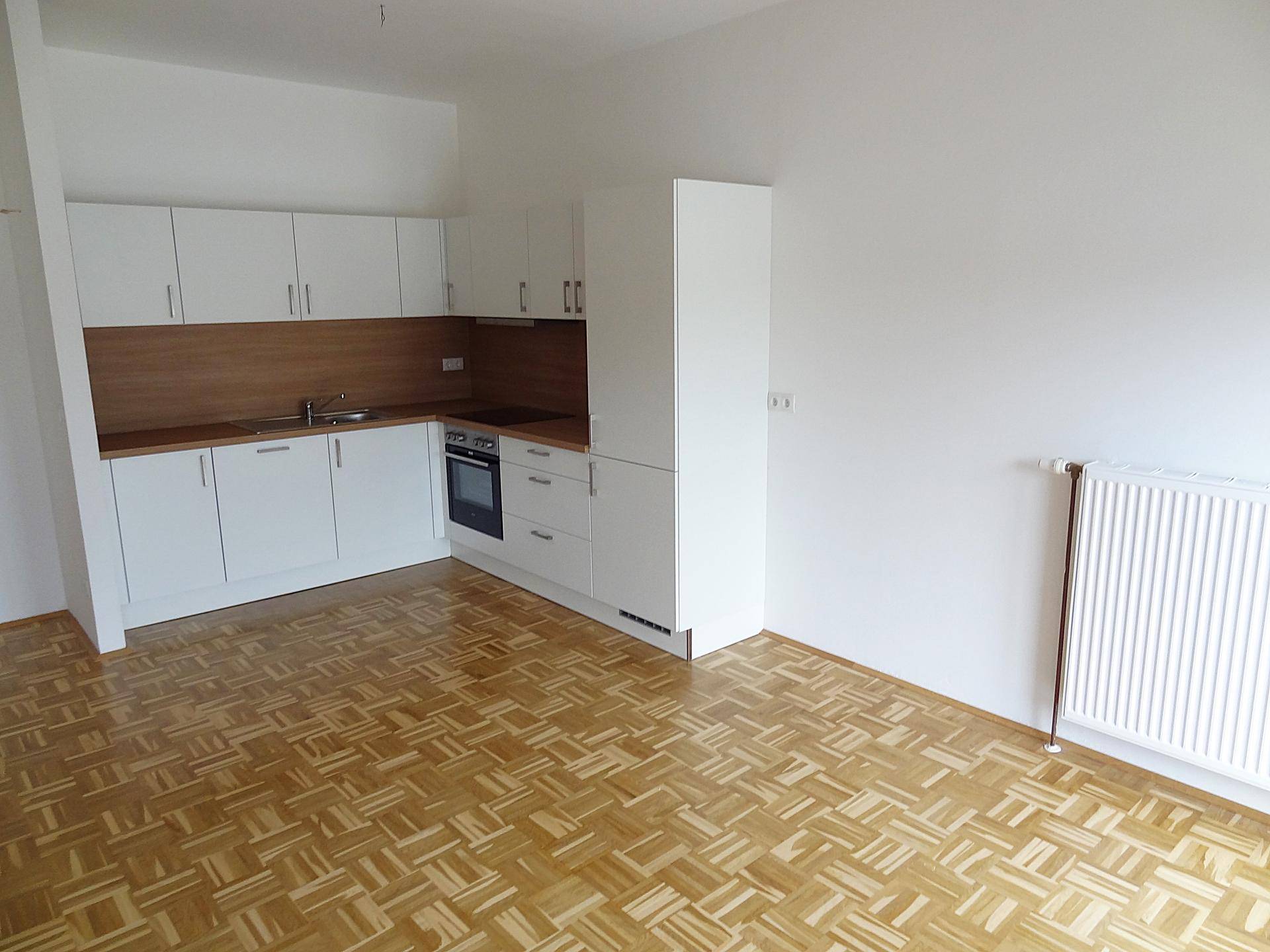 Offener Wohnbereich mit Küchenzeile und Heizkörper an der Wand, ausgestattet mit Parkettboden.