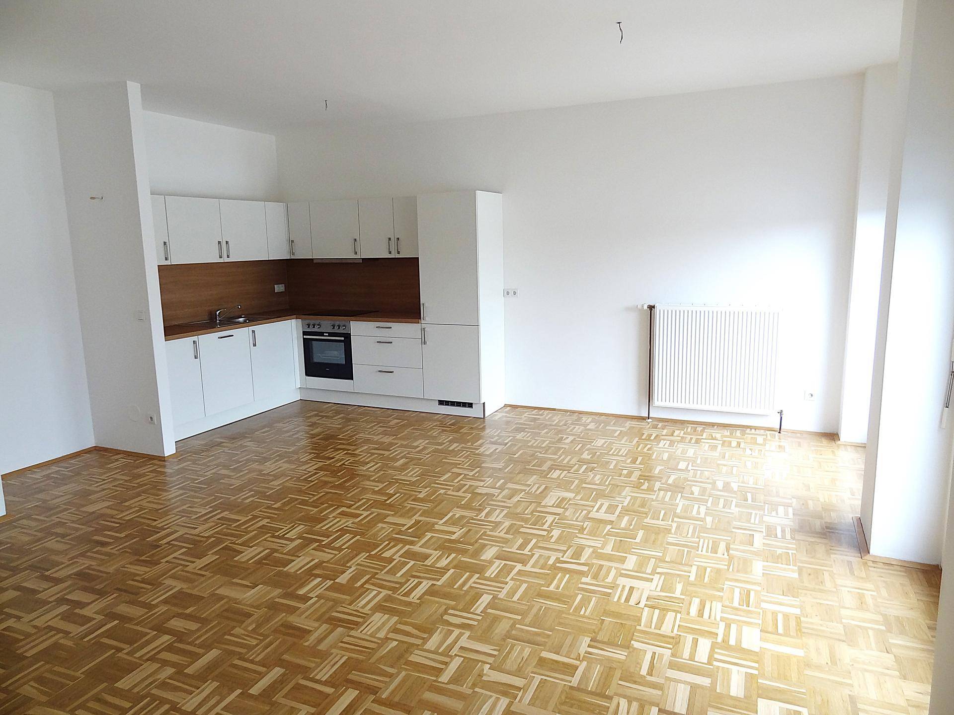 Weitläufiger Wohnraum mit offener Küche, Parkettboden und viel Tageslicht.