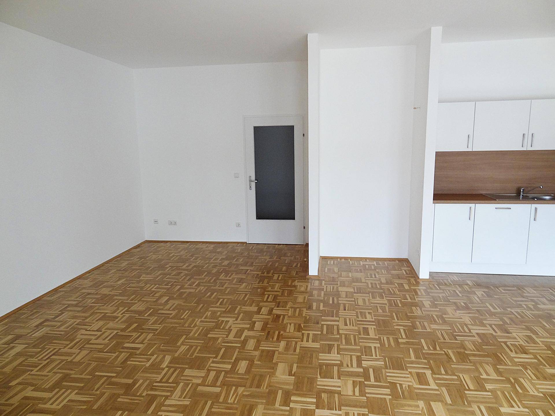 Geräumiger Wohnbereich mit hellem Parkettboden und einer modernen Tür mit Glaseinsatz.