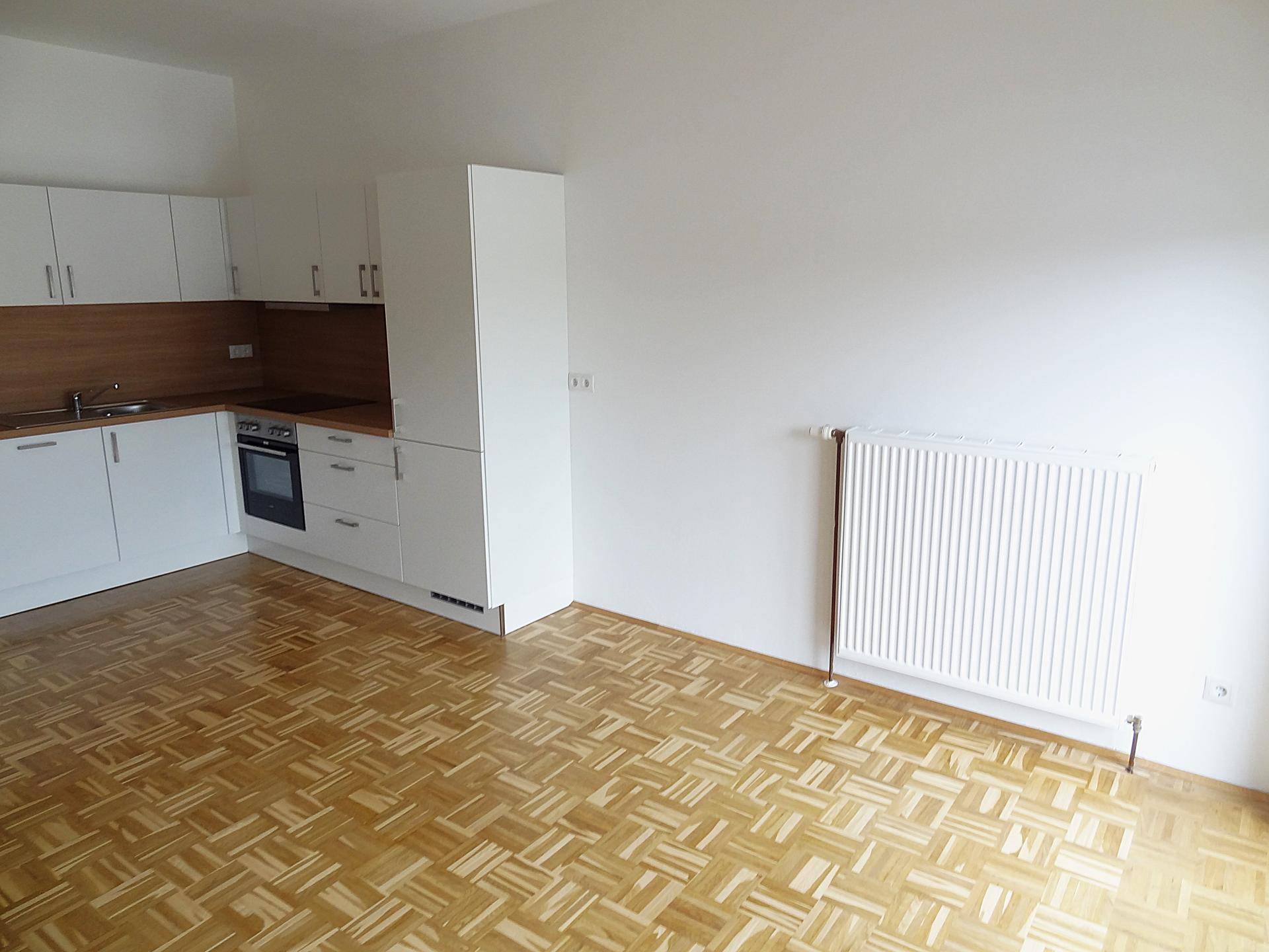 Heller Wohnbereich mit offener Küche, Parkettboden und einem Heizkörper an der Wand.