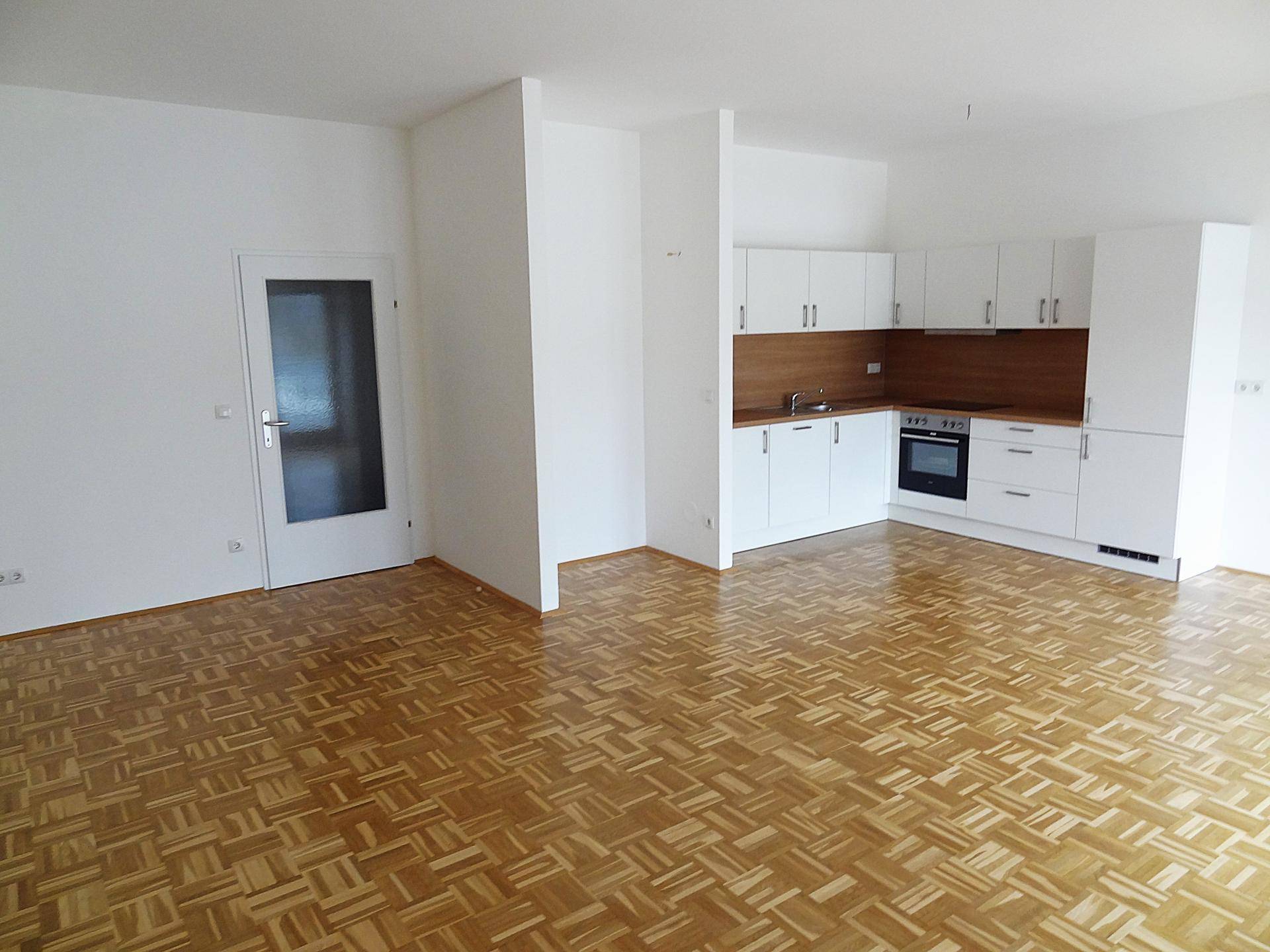 Offener Wohnbereich mit integrierter Küchenzeile, Parkettboden und einer Tür mit Glaseinsatz.