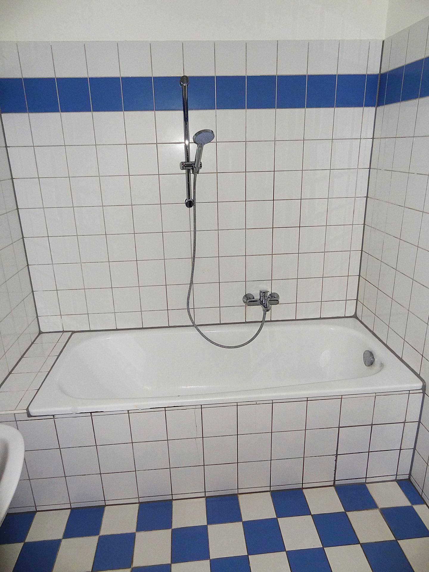 Detailansicht der Badewanne mit Duschkopf und den charakteristischen blau-weißen Fliesen.