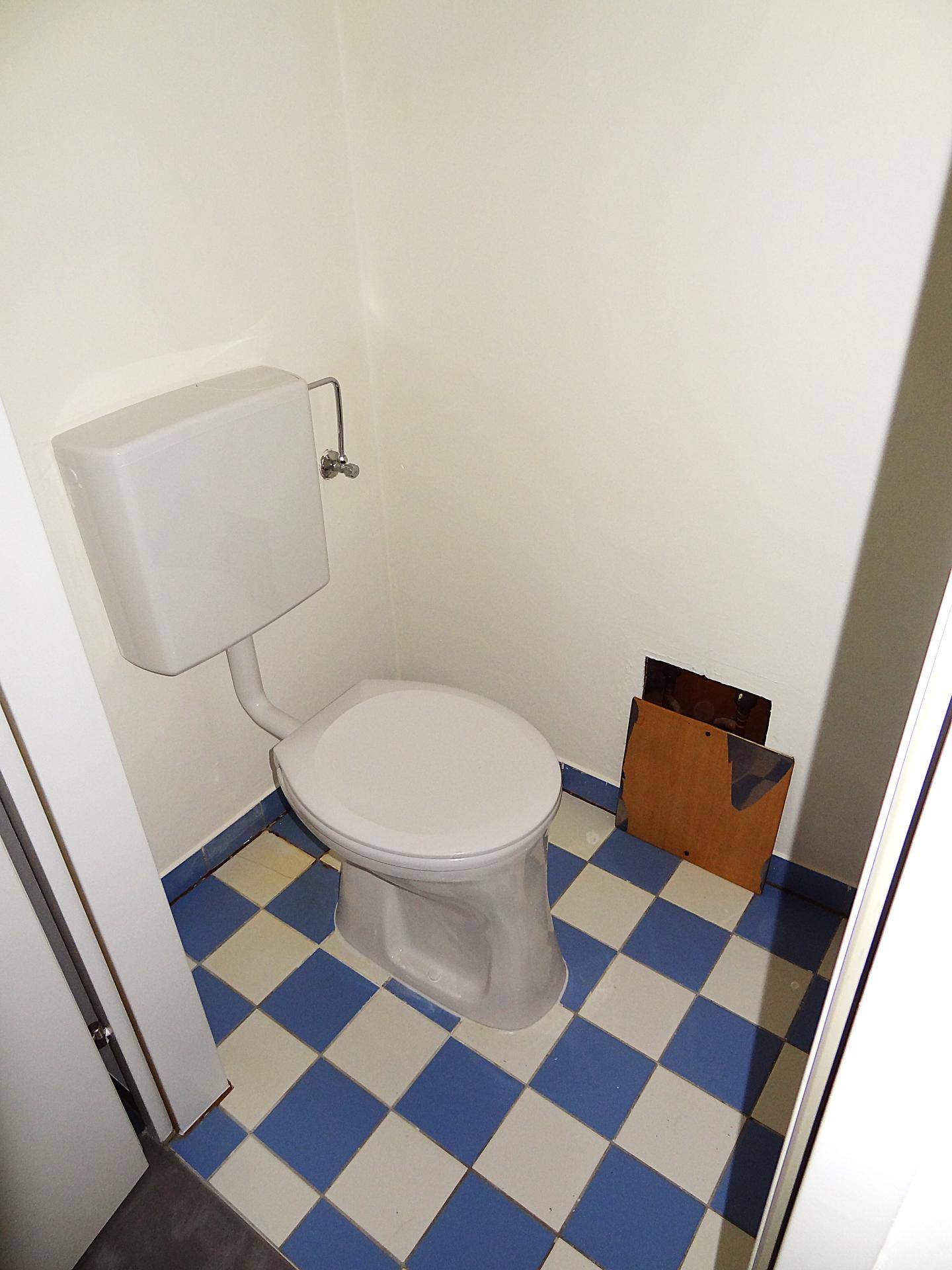 Separates WC mit Steh-WC und blau-weiß kariertem Fliesenboden.